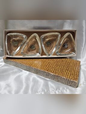 Rare Vtg New Set of 4 Bohemian Crystal Glass Triangular Ashtrays Czechoslovakia